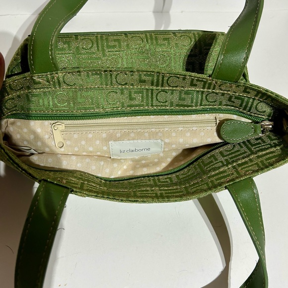 Liz Claiborne Vintage Handbag Satchel Shoulder Bag Purse Pocket Green with Gold - Picture 6 of 16